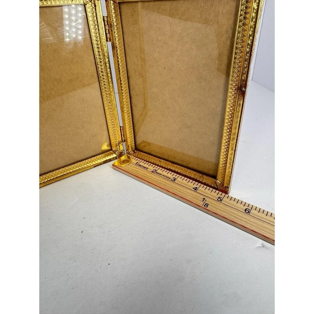Vintage Brass Double Picture Frame 5x7‎ Hinged Folding Gold Ornate Frame